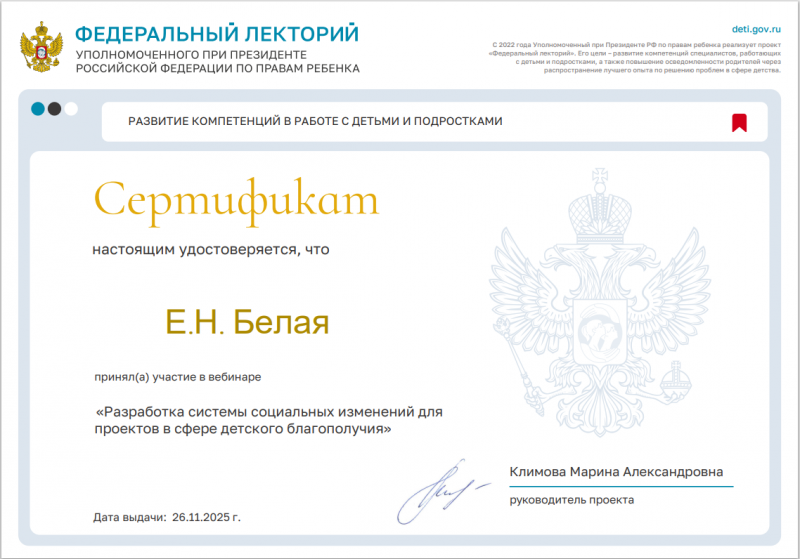 Проект "Федеральный лекторий" Разработка системы социальных изменений для проектов в сфере детского благополучия