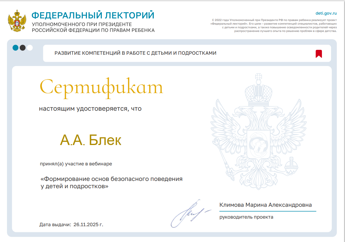 Проект "Федеральный лекторий" Формирование основ безопасного поведения у детей и подростков